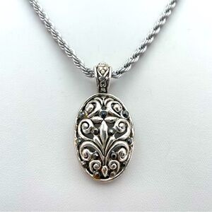 Vintage Ornate Oval Pendant Necklace Stainless Steel 18” Rope Chain